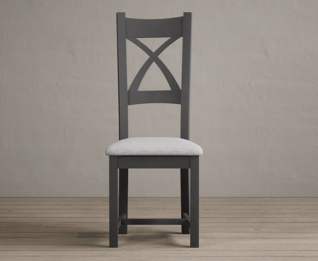 Painted Charcoal Grey X Back Dining Chairs With Light Grey Fabric Seat Pad