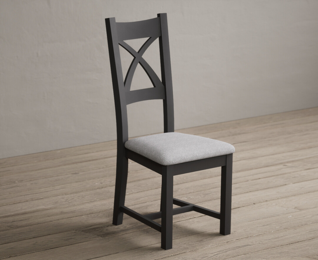 Photo 1 of Painted charcoal grey x back dining chairs with light grey fabric seat pad