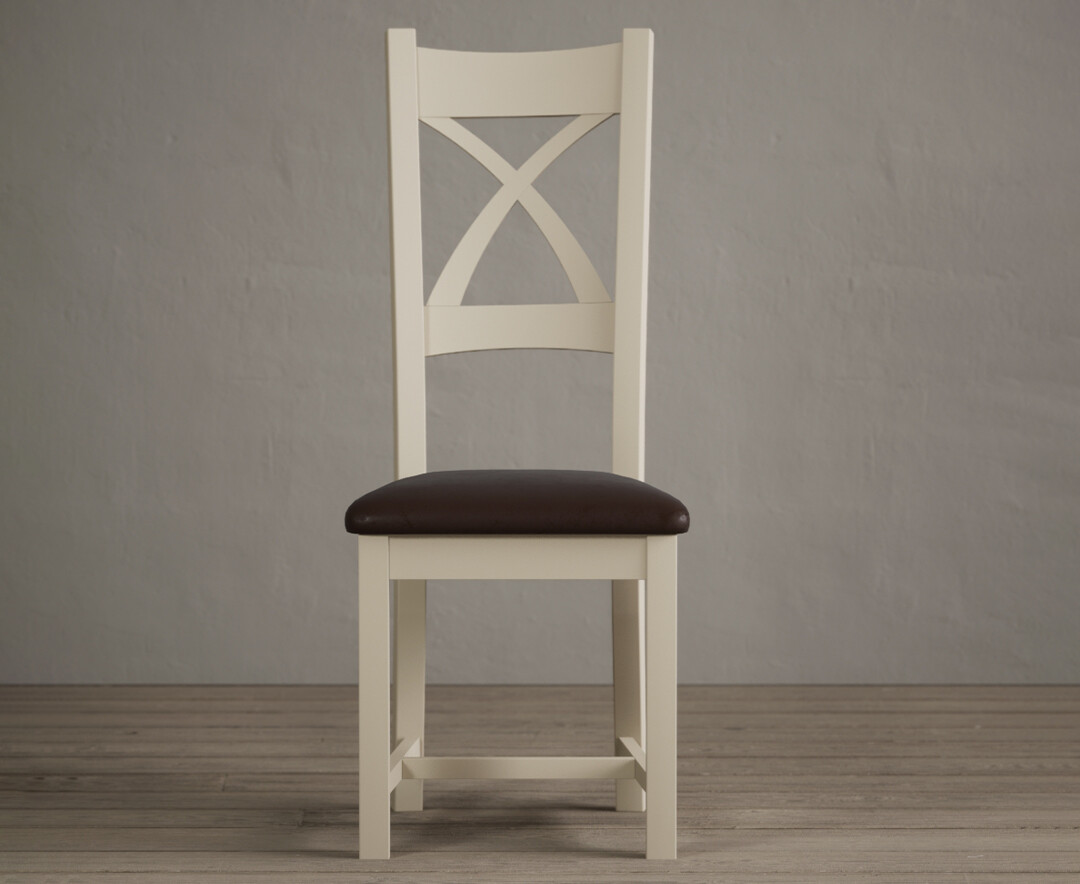 Product photograph of Painted Cream X Back Dining Chairs With Brown Suede Seat Pad from Oak Furniture Superstore