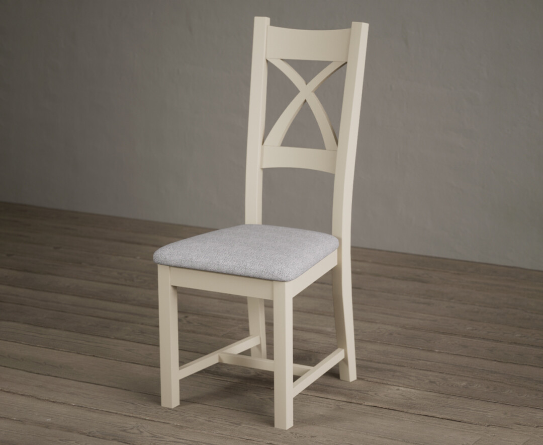 Photo 1 of Painted cream x back dining chairs with light grey fabric seat pad