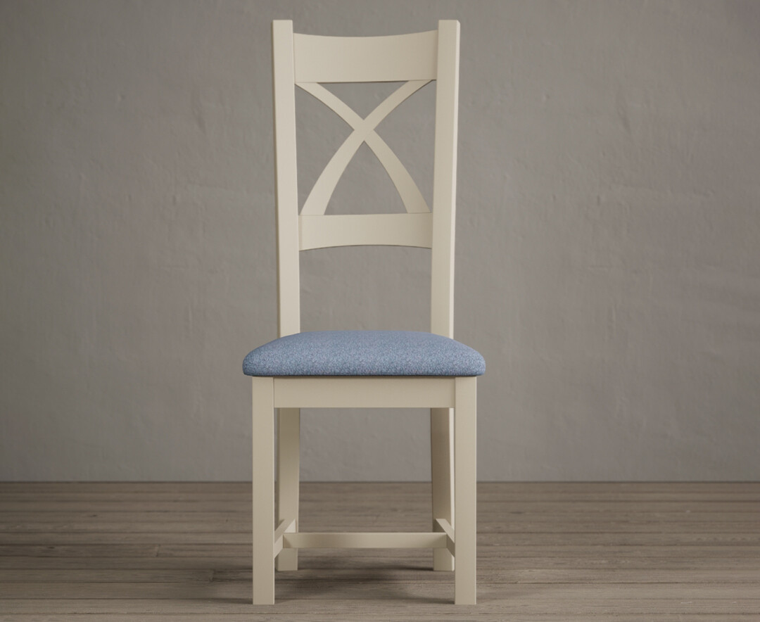 Painted Cream X Back Dining Chairs With Sky Blue Fabric Seat Pad