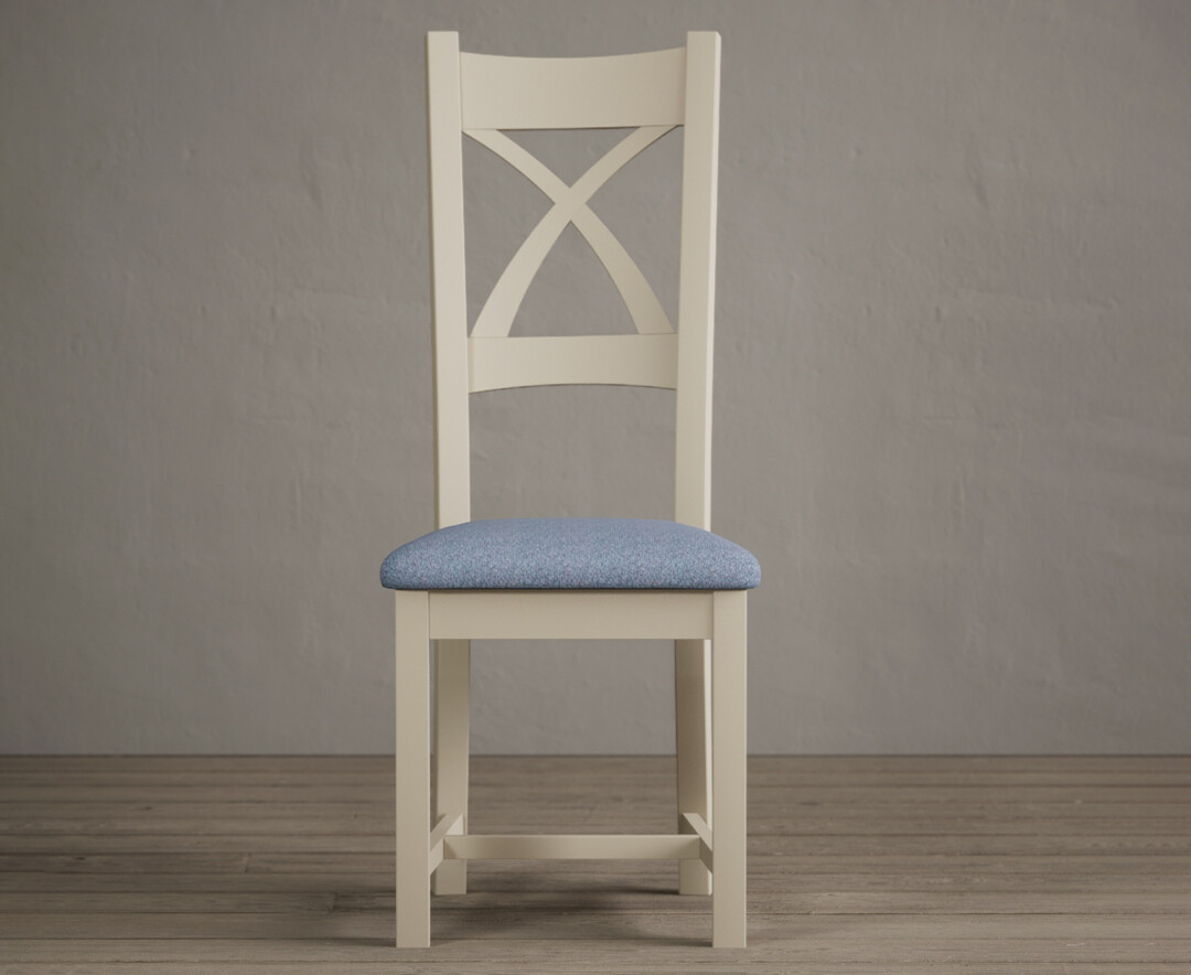 Painted Cream X Back Dining Chairs With Sky Blue Fabric Seat Pad
