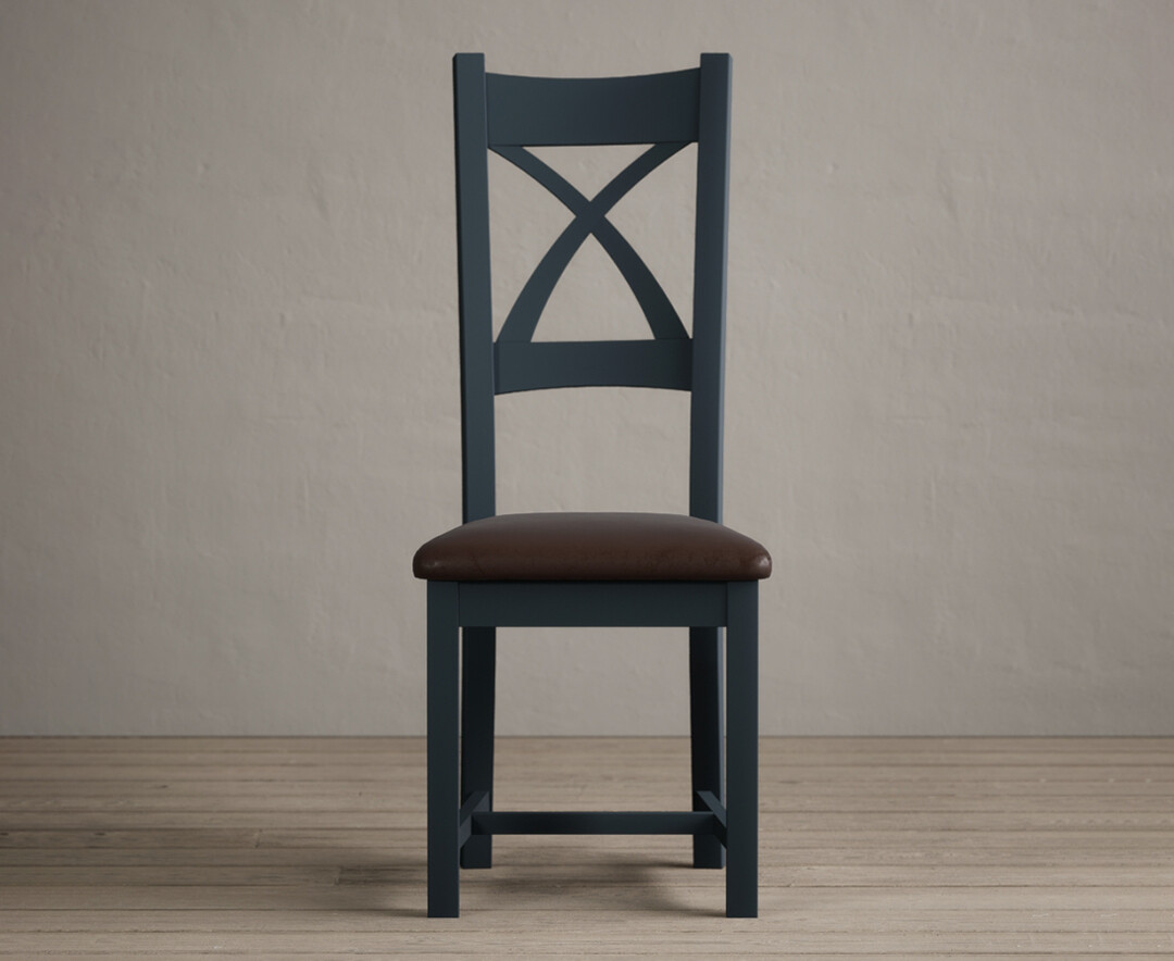Product photograph of Painted Dark Blue X Back Dining Chairs With Brown Suede Seat Pad from Oak Furniture Superstore