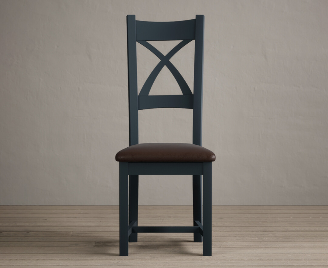 Painted Dark Blue X Back Dining Chairs With Chocolate Brown Fabric Seat Pad