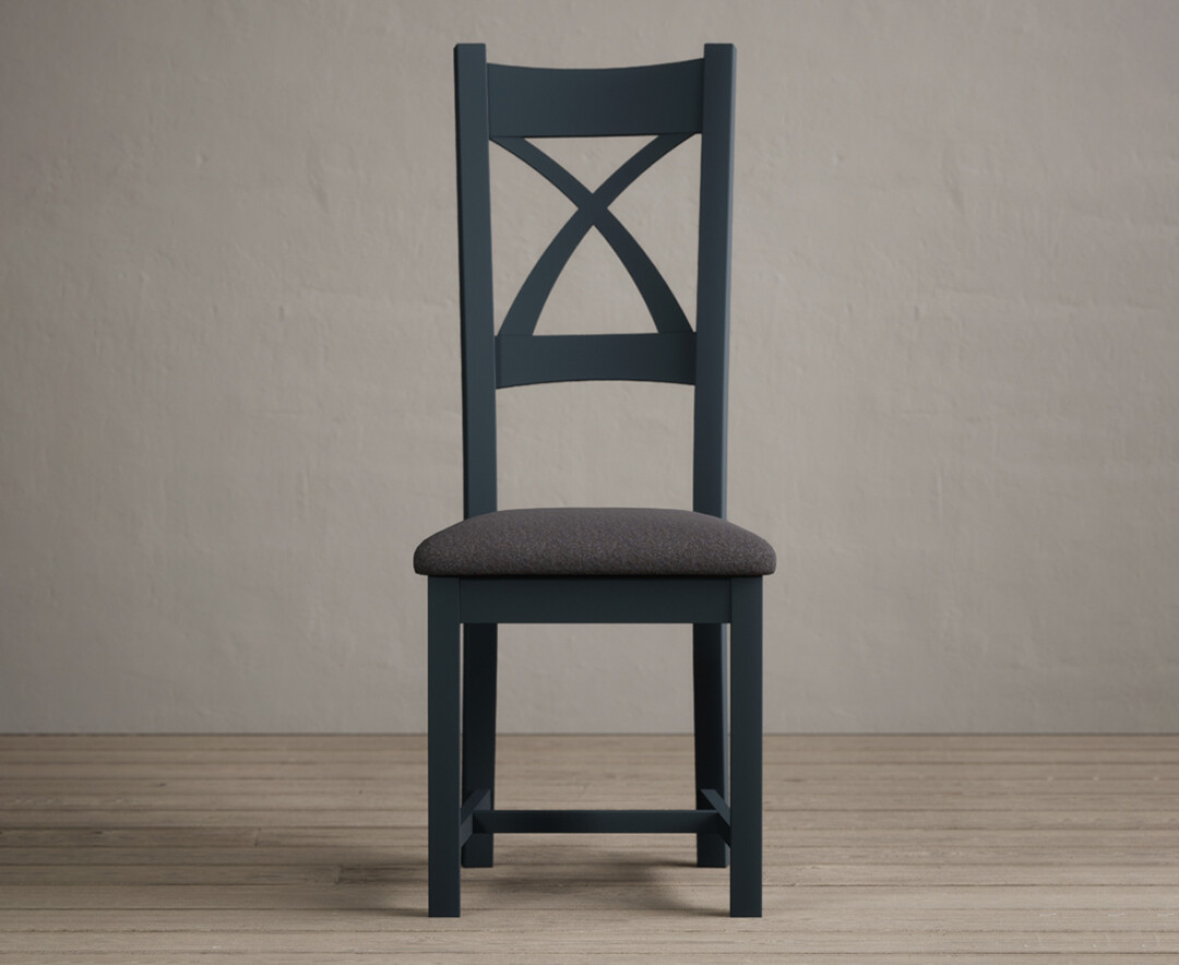 Painted Dark Blue X Back Dining Chairs With Charcoal Grey Fabric Seat Pad