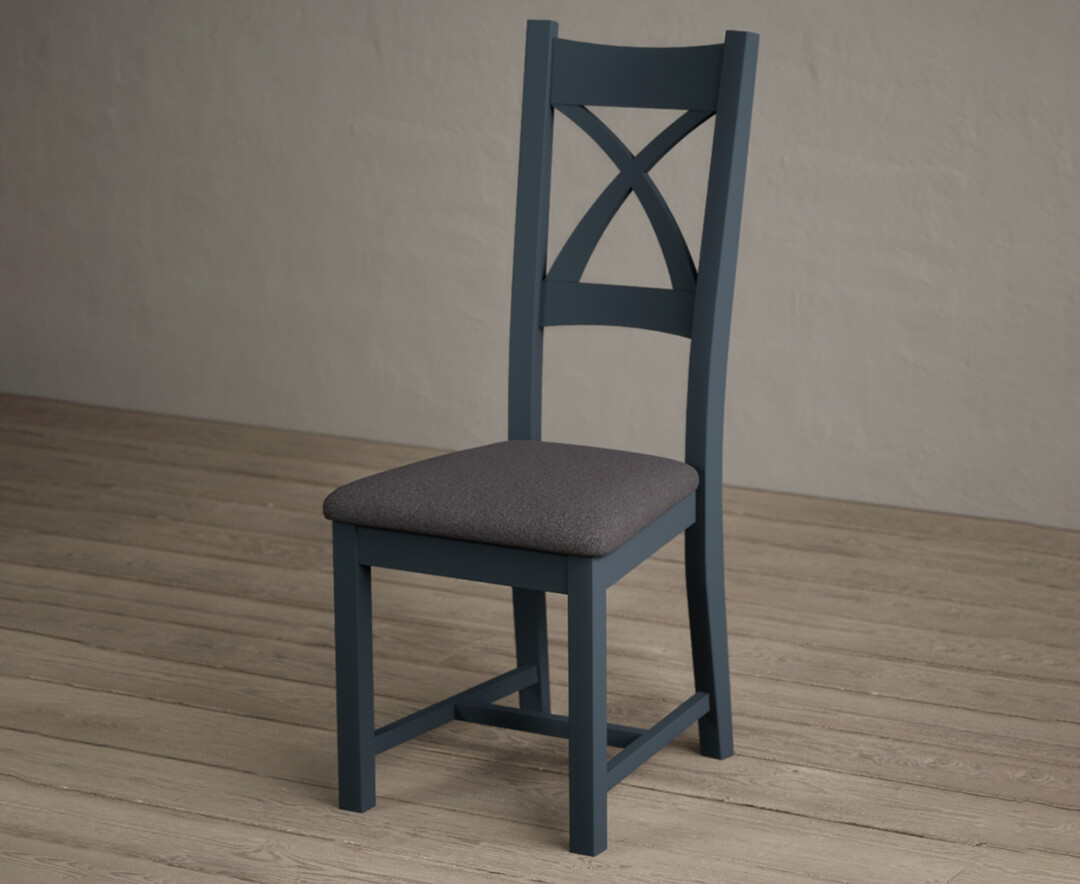 Photo 2 of Painted dark blue x back dining chairs with charcoal grey fabric seat pad