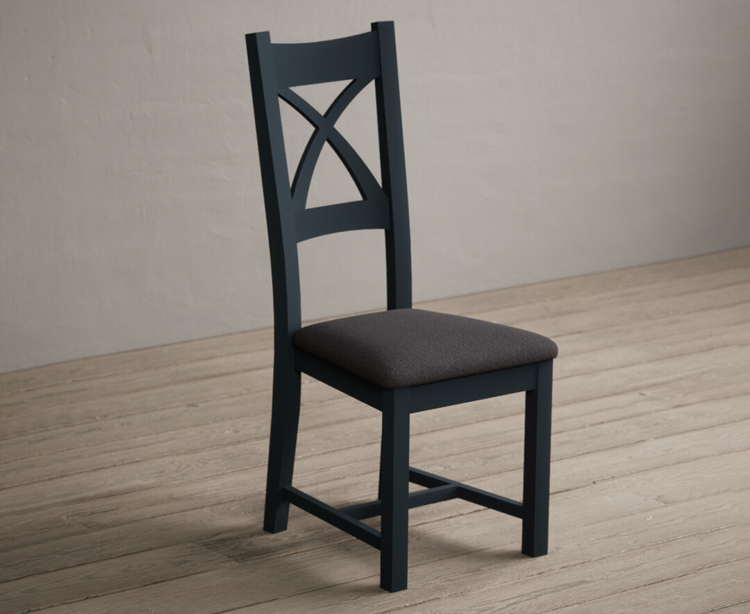 Photo 1 of Painted dark blue x back dining chairs with charcoal grey fabric seat pad