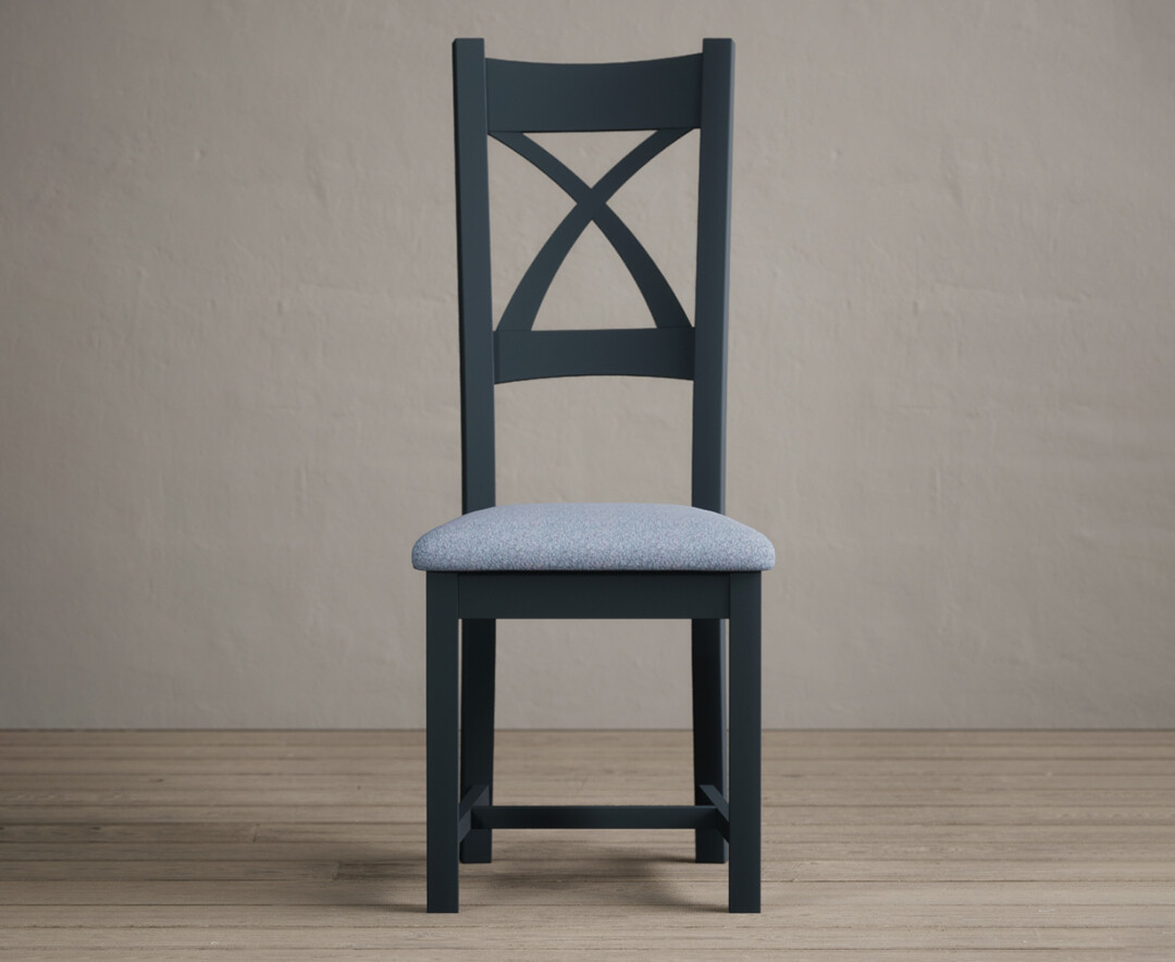 Painted Dark Blue X Back Dining Chairs With Sky Blue Fabric Seat Pad