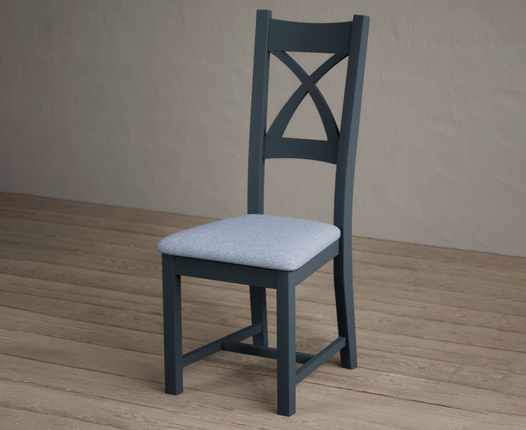 Photo 2 of Painted dark blue x back dining chairs with blue fabric seat pad