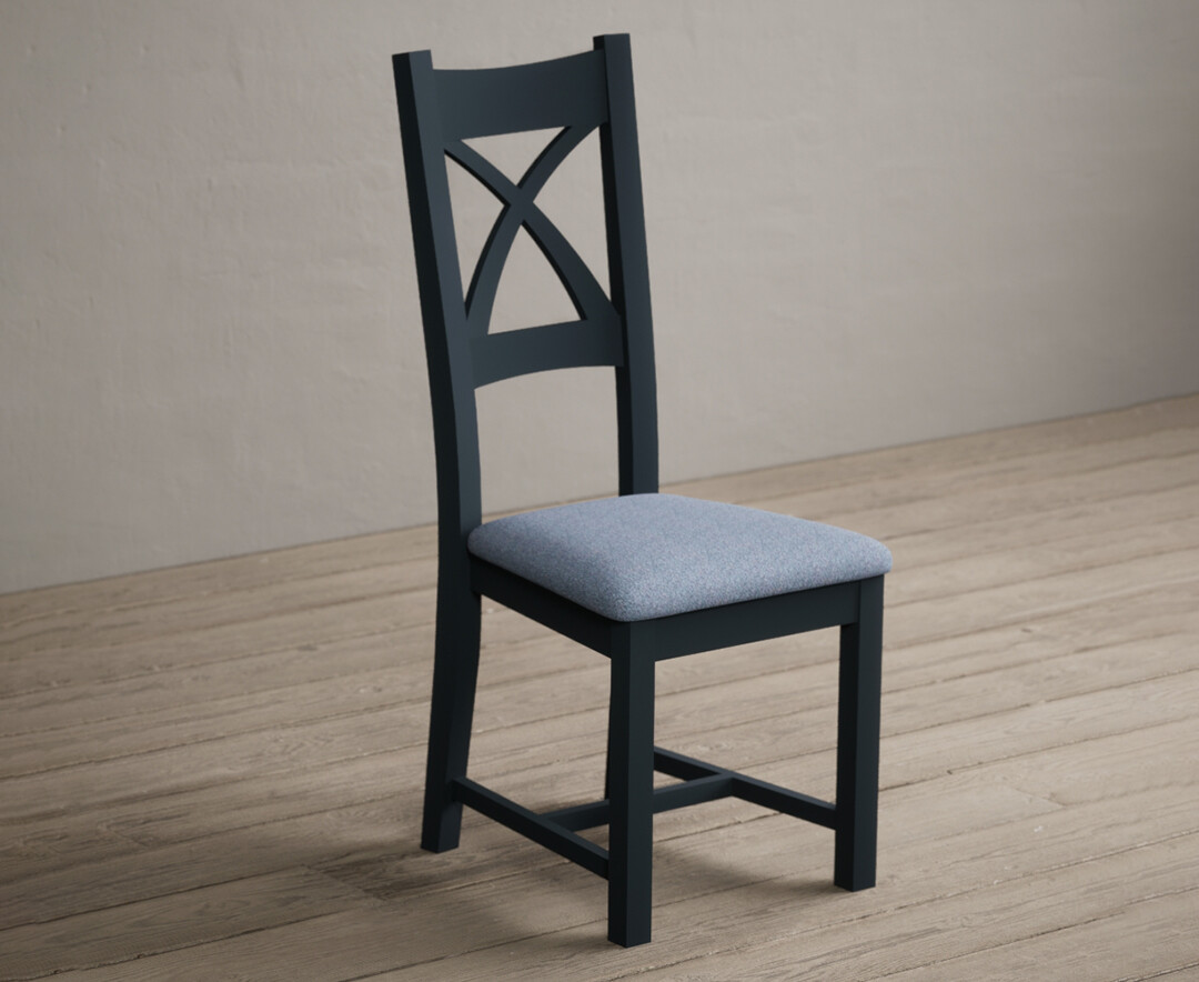 Photo 1 of Painted dark blue x back dining chairs with blue fabric seat pad