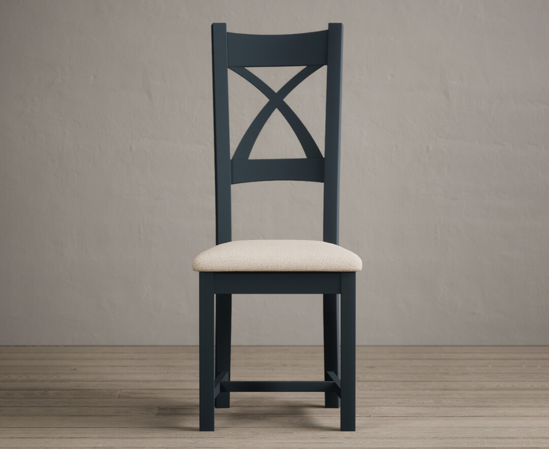 Product photograph of Painted Dark Blue X Back Dining Chairs With Linen Seat Pad from Oak Furniture Superstore