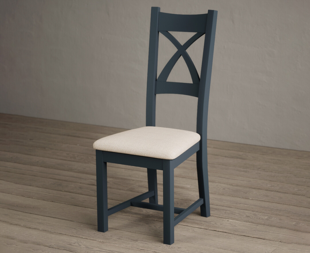 Photo 2 of Painted dark blue x back dining chairs with linen seat pad