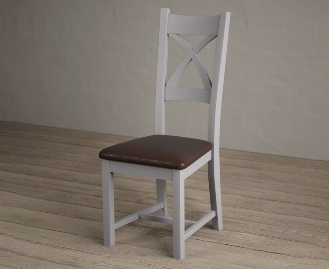 Photo 2 of Painted light grey x back dining chairs with brown suede seat pad