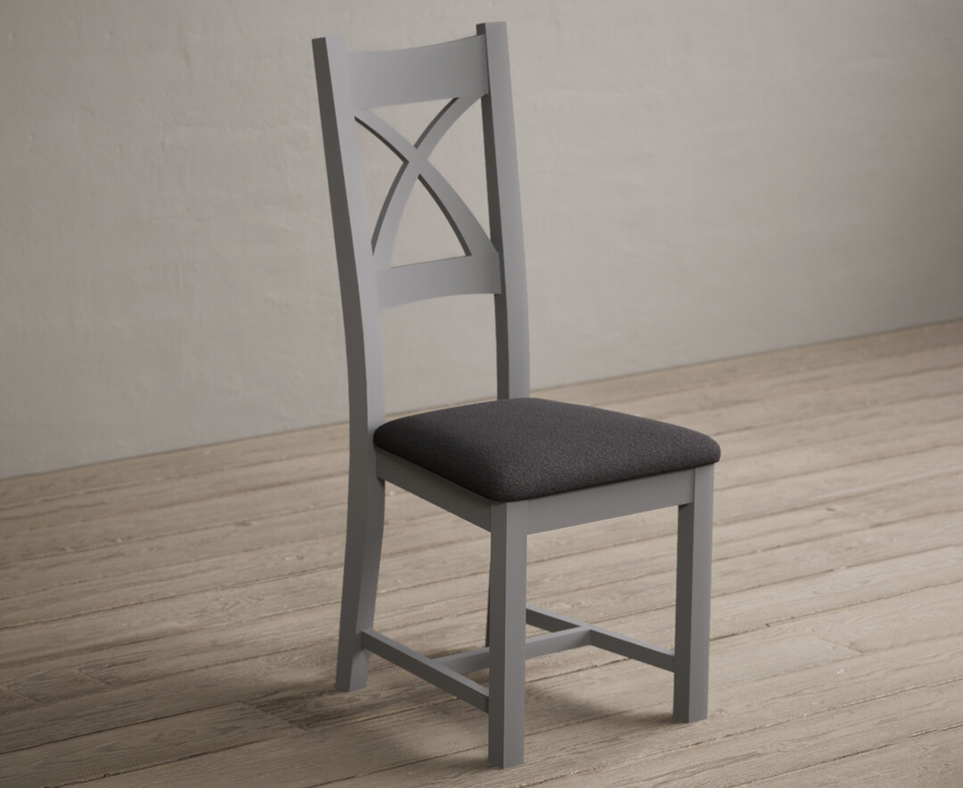 Photo 1 of Painted light grey x back dining chairs with charcoal grey fabric seat pad