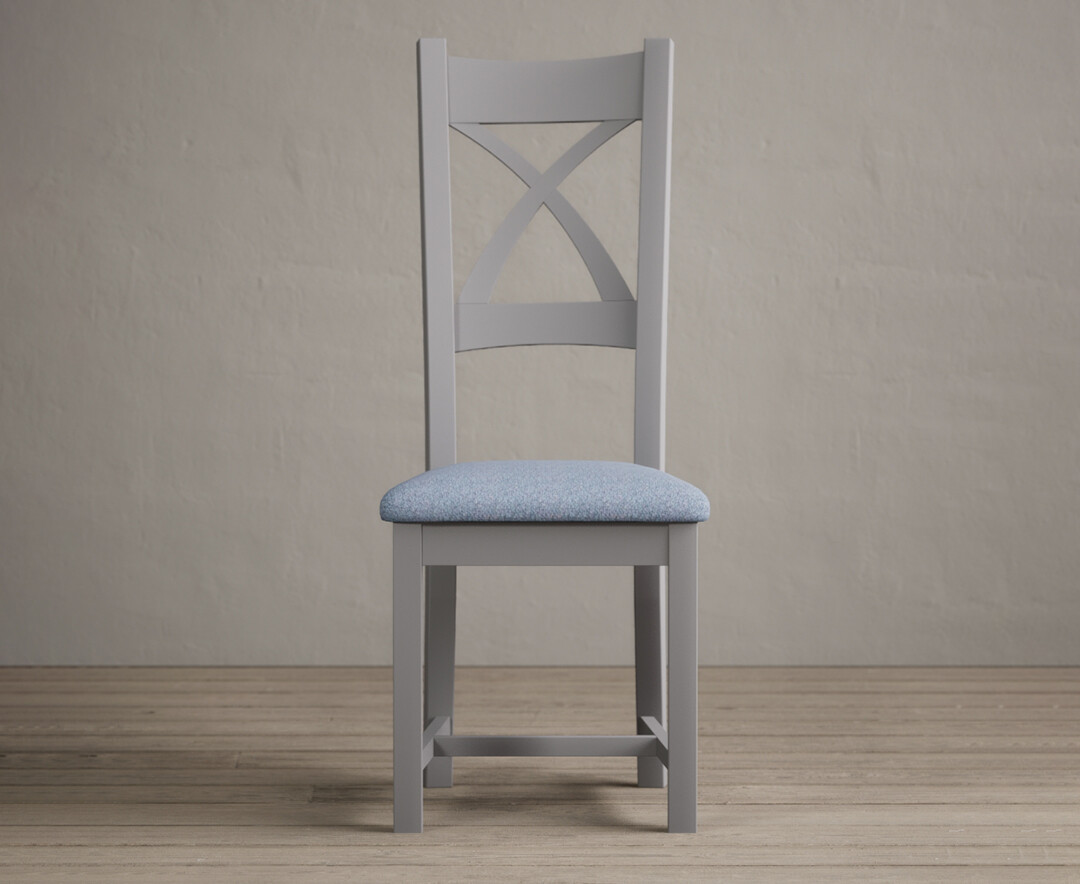 Product photograph of Painted Light Grey X Back Dining Chairs With Blue Fabric Seat Pad from Oak Furniture Superstore