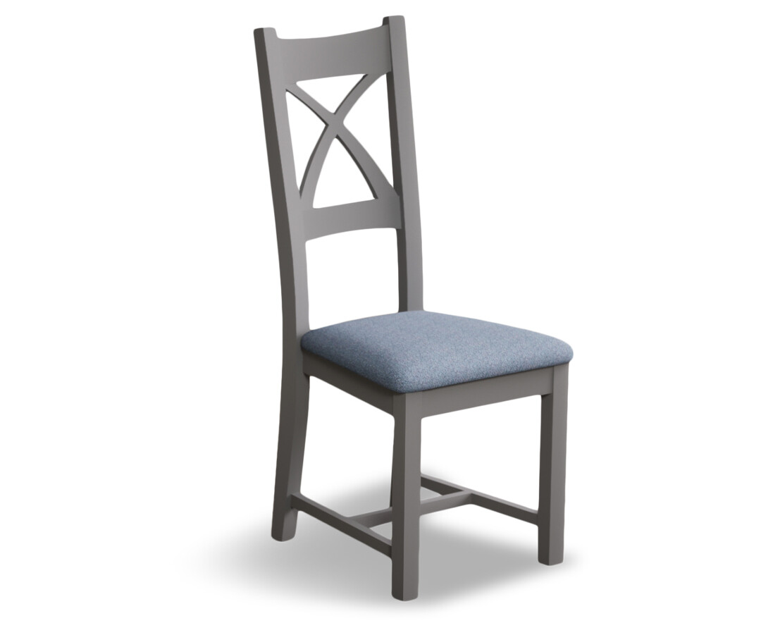 Photo 3 of Painted light grey x back dining chairs with blue fabric seat pad