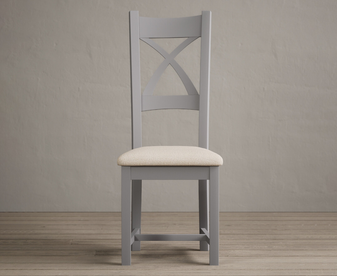 Painted Light Grey X Back Dining Chairs With Linen Seat Pad