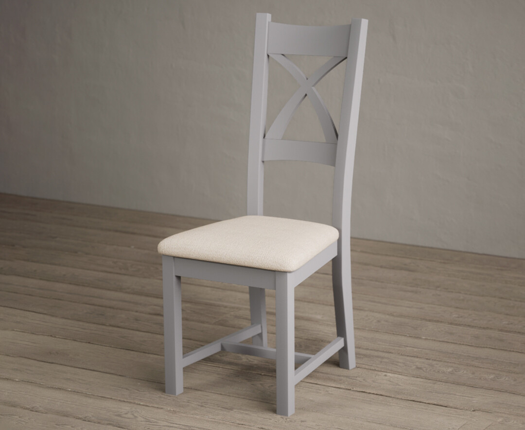 Photo 2 of Painted light grey x back dining chairs with linen seat pad