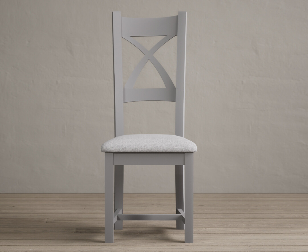 Painted Light Grey X Back Dining Chairs With Light Grey Fabric Seat Pad