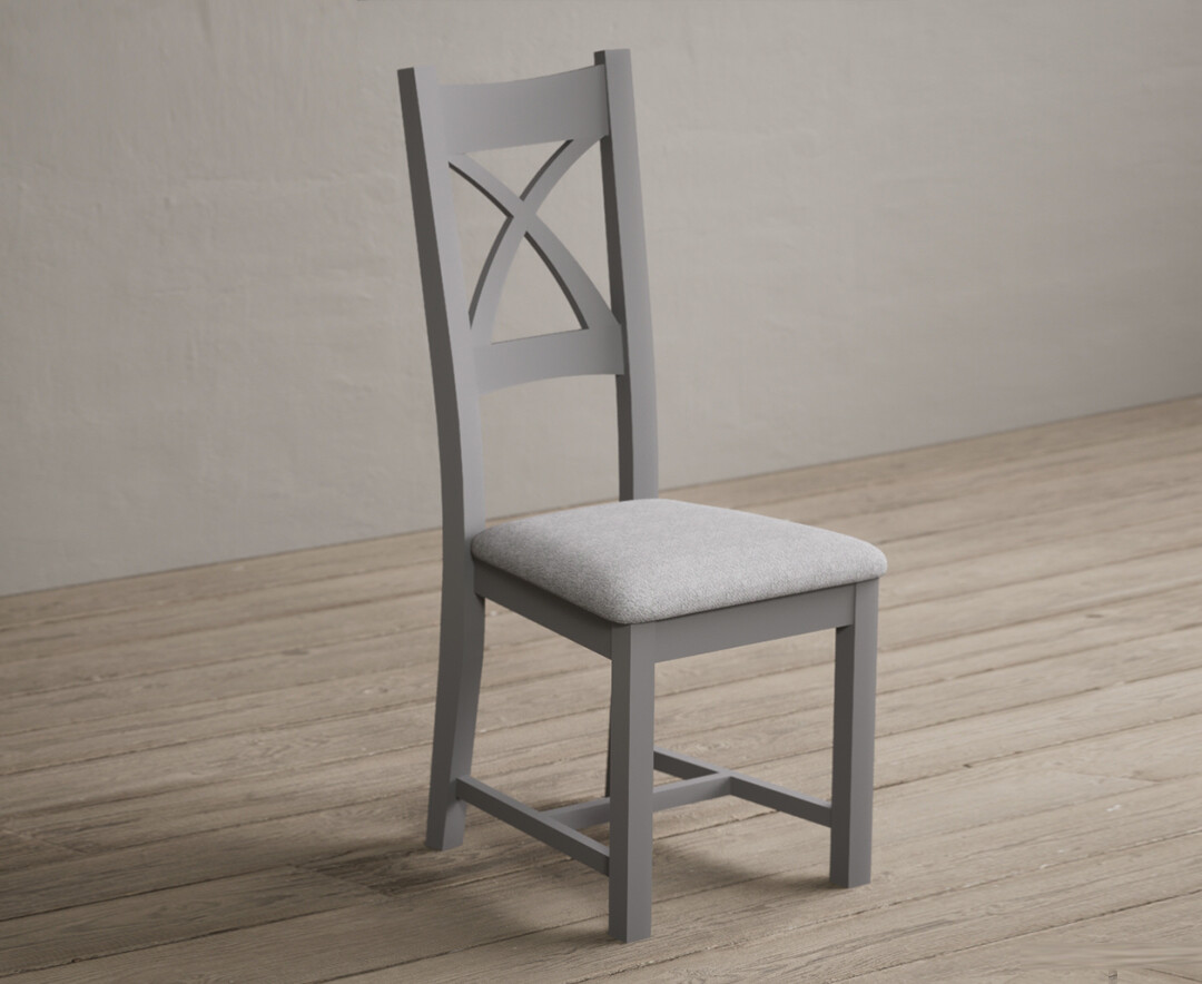 Photo 1 of Painted light grey x back dining chairs with light grey fabric seat pad