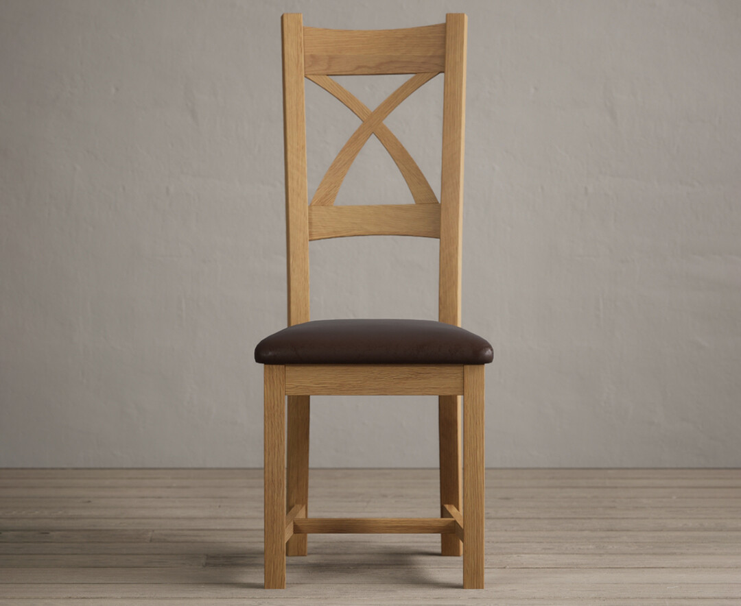 Natural Solid Oak X Back Dining Chairs With Chocolate Brown Fabric Seat Pad