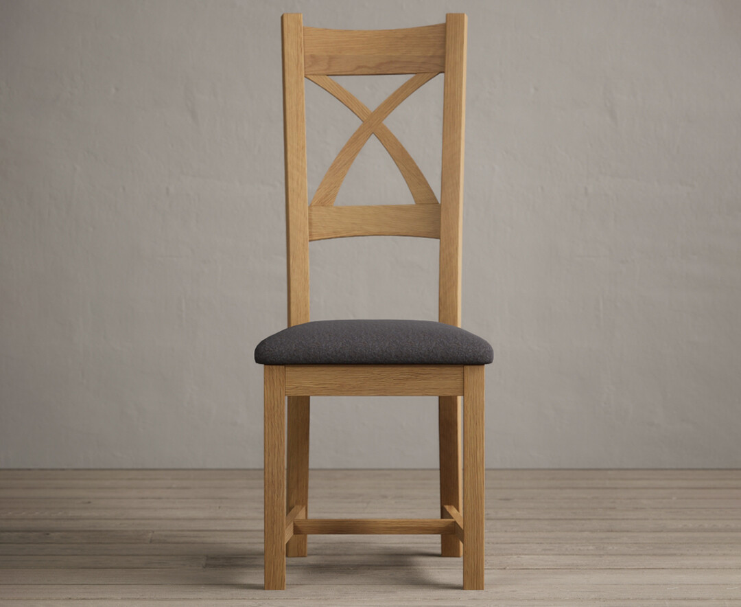 Photo 3 of Natural solid oak x back dining chairs with charcoal grey fabric seat pad