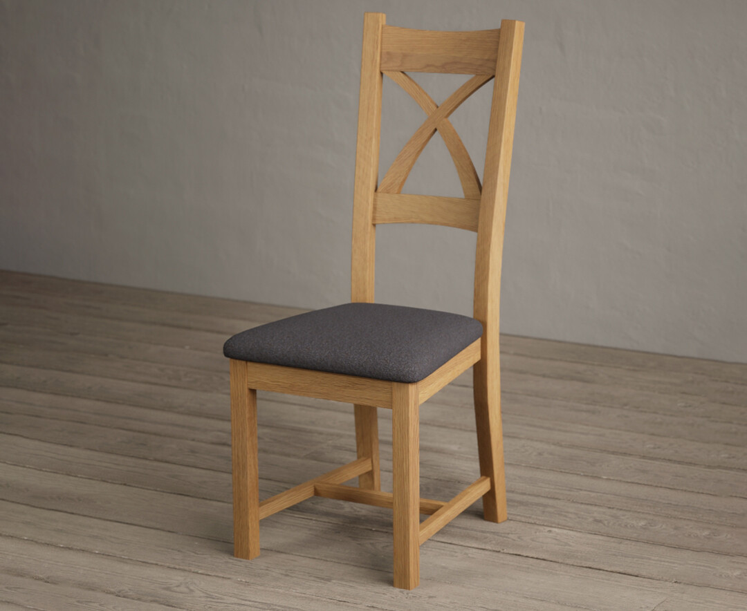 Photo 2 of Natural solid oak x back dining chairs with charcoal grey fabric seat pad