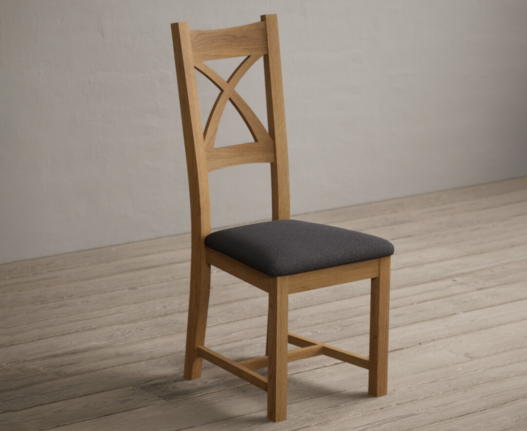 Photo 1 of Natural solid oak x back dining chairs with charcoal grey fabric seat pad