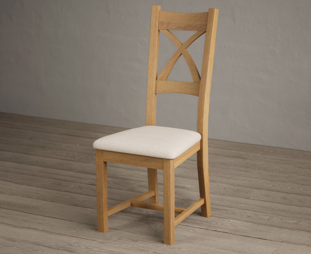 Photo 2 of Natural solid oak x back dining chairs with linen seat pad