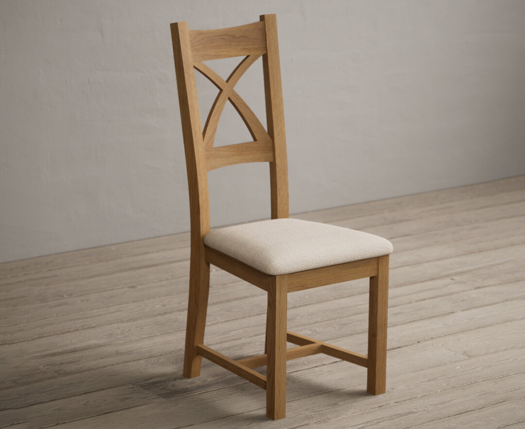Photo 1 of Natural solid oak x back dining chairs with linen seat pad