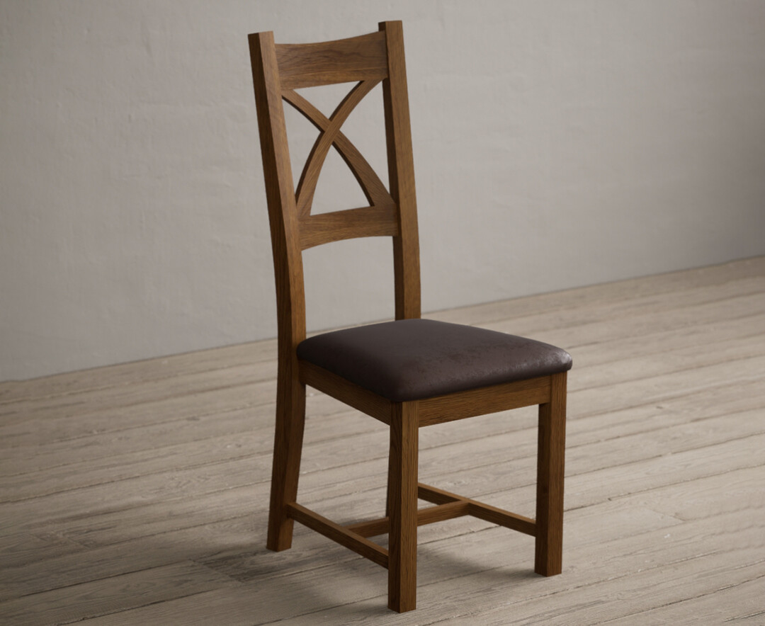 Photo 1 of Rustic solid oak x back dining chairs with brown suede seat pad