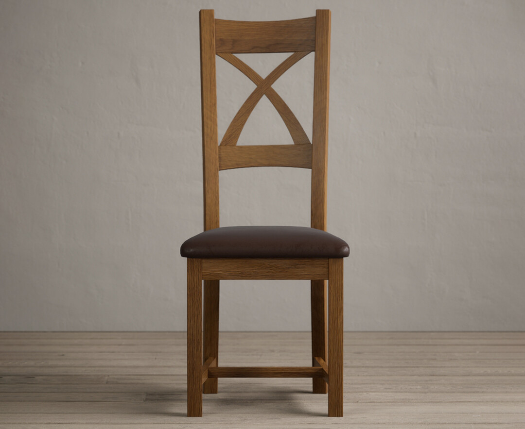 Rustic Solid Oak X Back Dining Chairs With Chocolate Brown Fabric Seat Pad