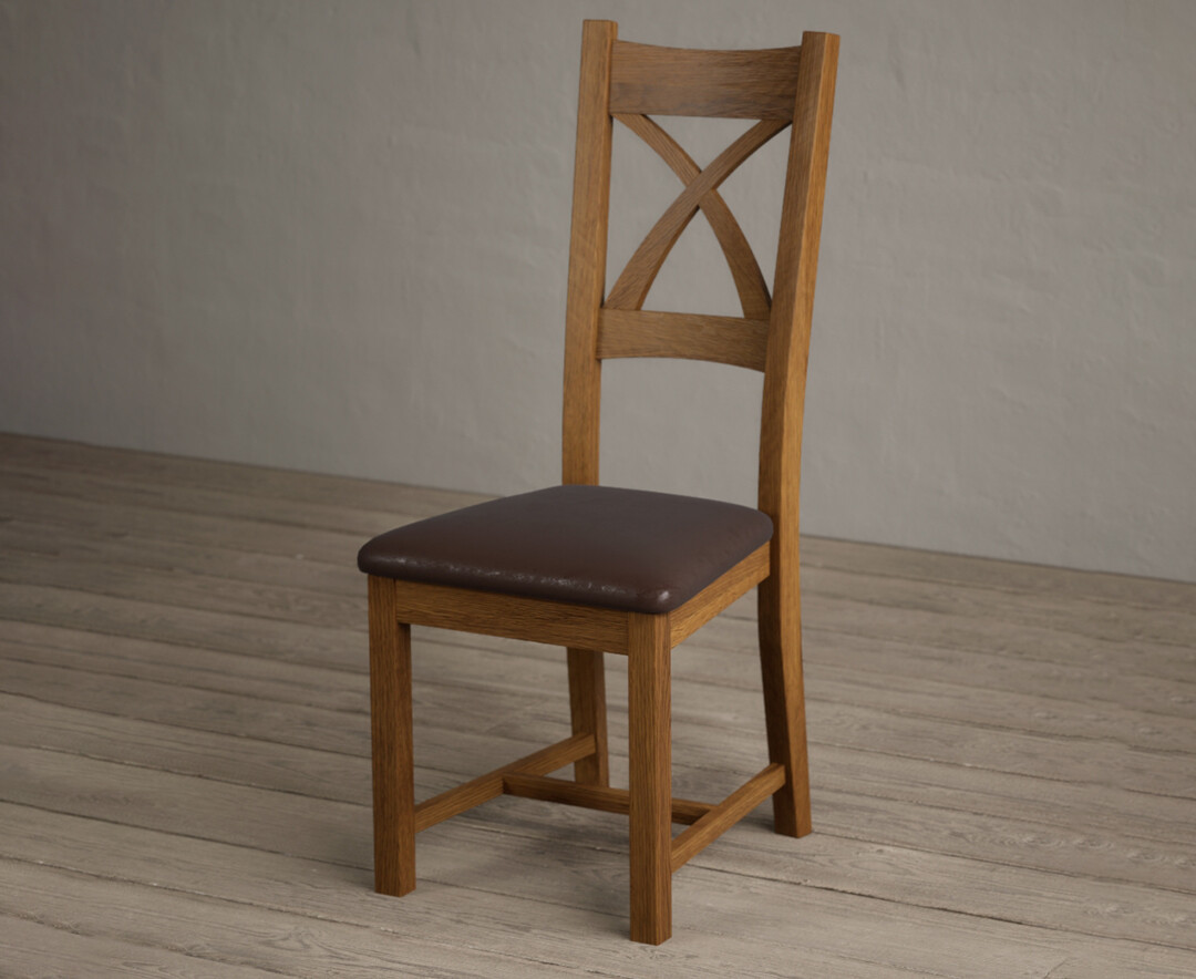 Photo 2 of Rustic solid oak x back dining chairs with brown suede seat pad