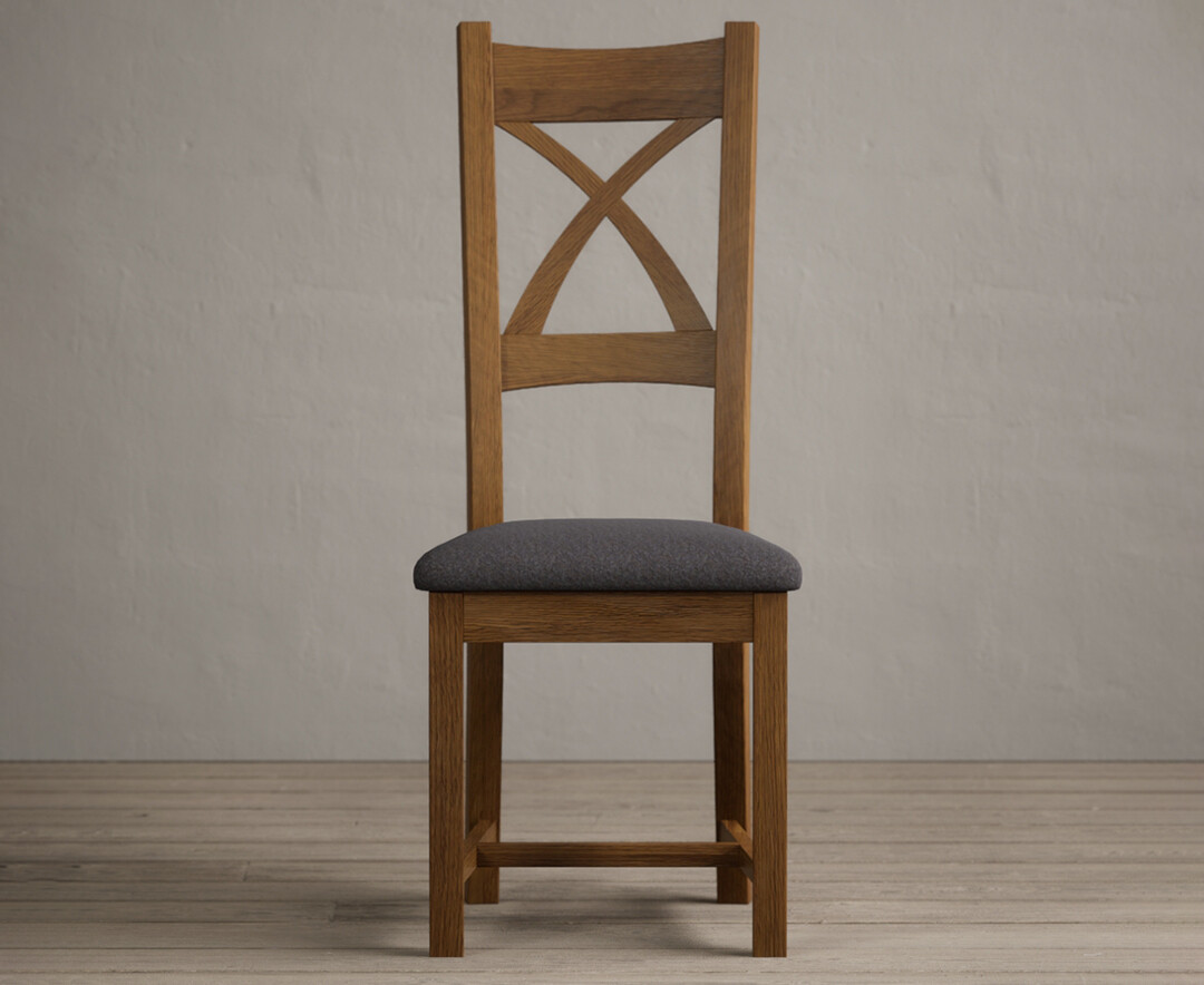 Rustic Solid Oak X Back Dining Chairs With Charcoal Grey Fabric Seat Pad
