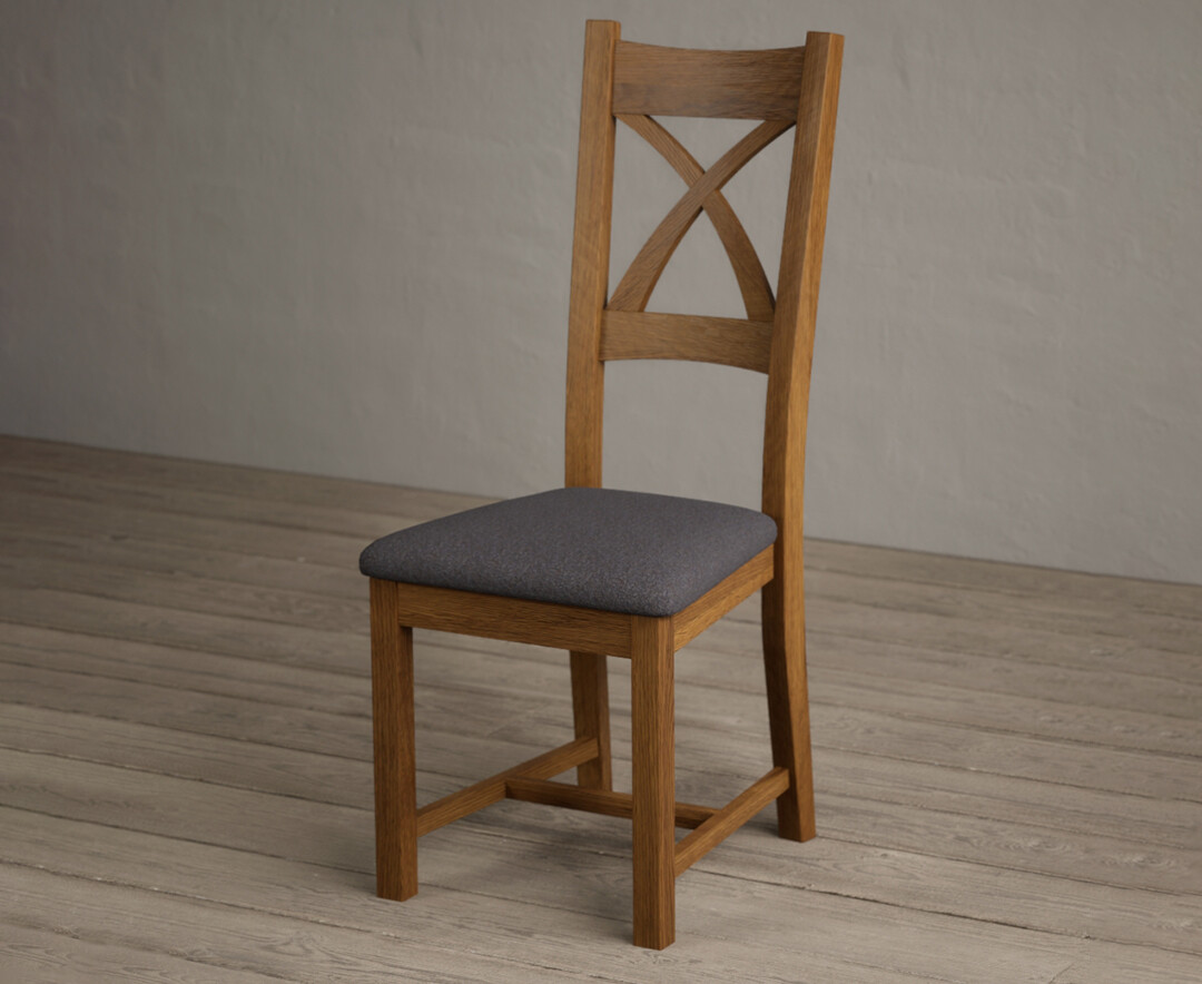 Photo 2 of Rustic solid oak x back dining chairs with charcoal grey fabric seat pad