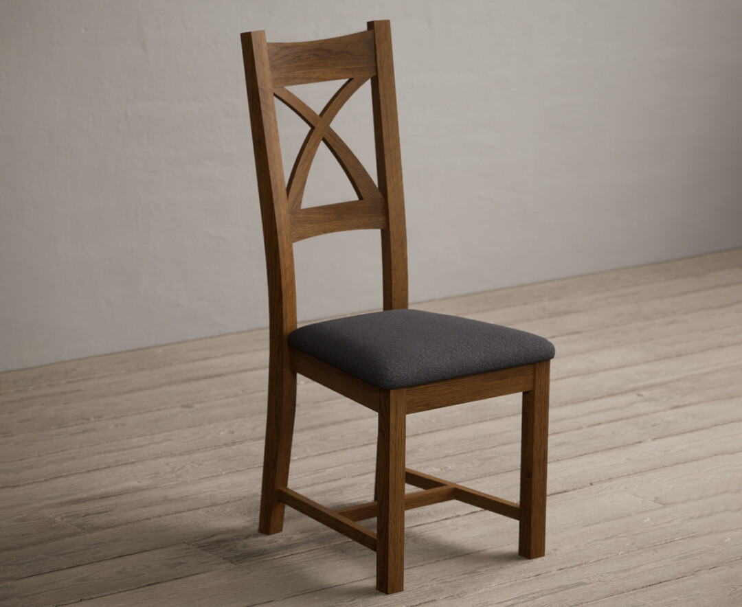 Photo 1 of Rustic solid oak x back dining chairs with charcoal grey fabric seat pad