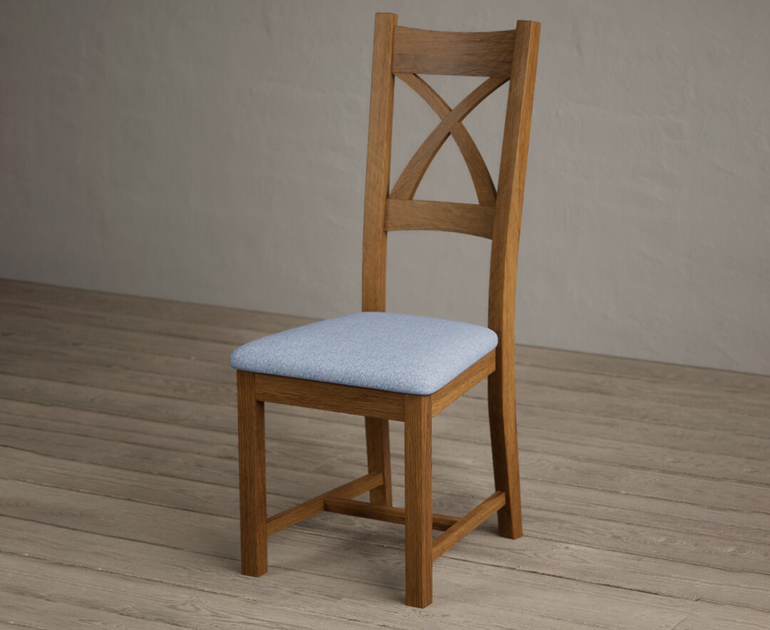 Photo 2 of Rustic solid oak x back dining chairs with blue fabric seat pad