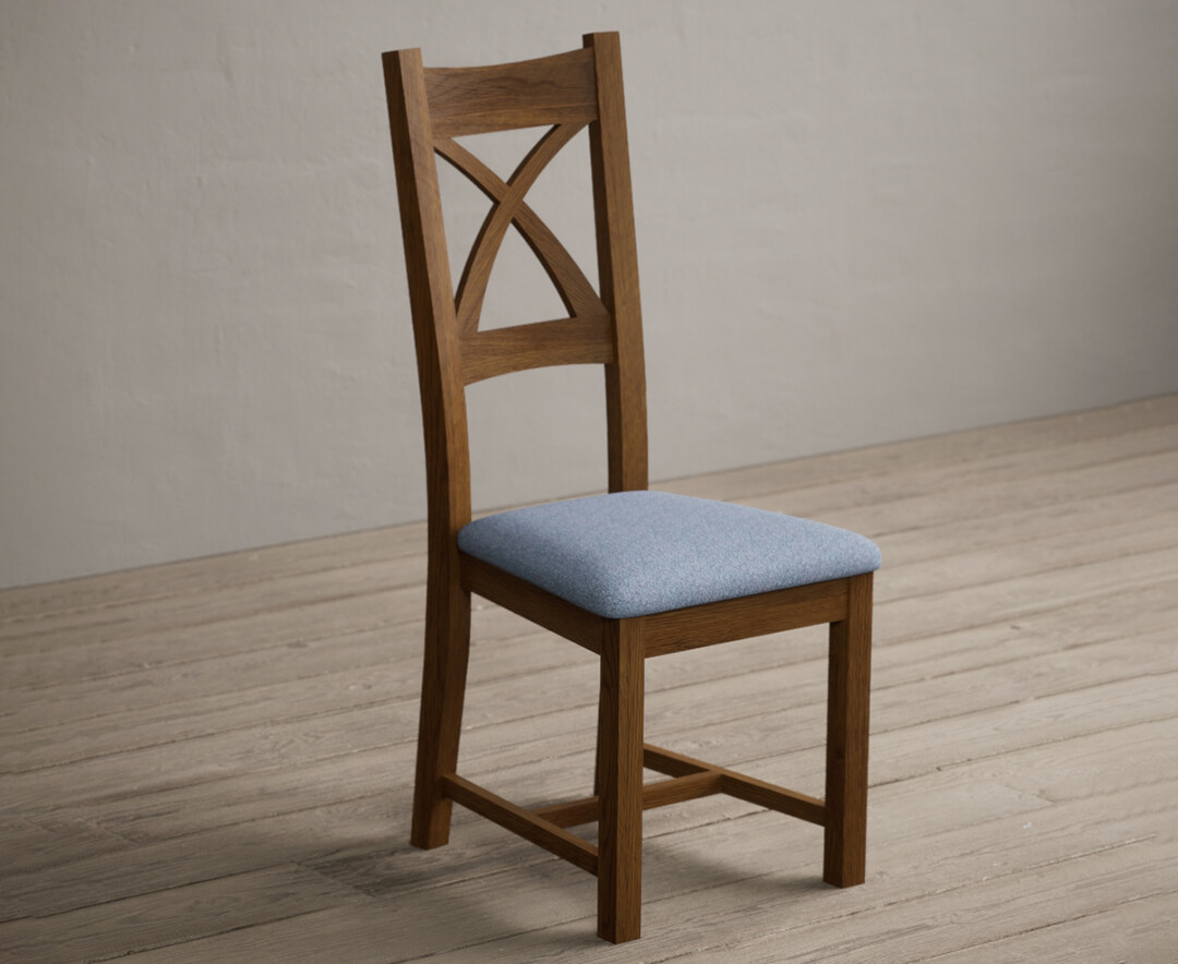 Photo 1 of Rustic solid oak x back dining chairs with blue fabric seat pad