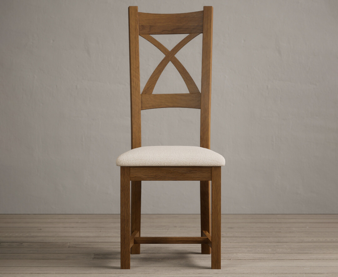 Product photograph of Rustic Solid Oak X Back Dining Chairs With Linen Seat Pad from Oak Furniture Superstore