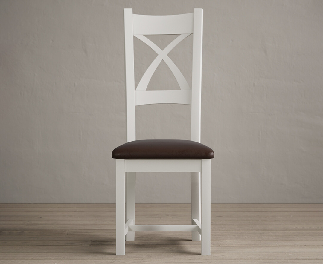Painted Signal White X Back Dining Chairs With Chocolate Brown Fabric Seat Pad