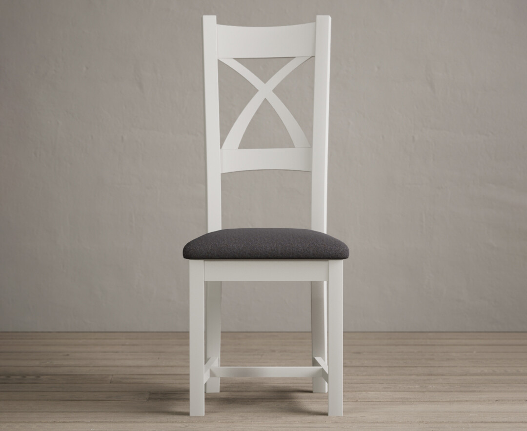 Painted Signal White X Back Dining Chairs With Charcoal Grey Fabric Seat Pad