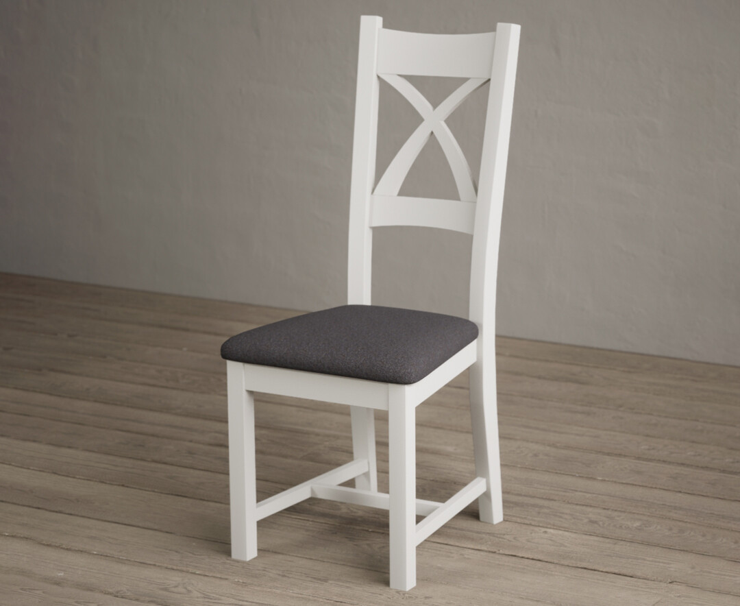 Photo 2 of Painted signal white x back dining chairs with charcoal grey fabric seat pad