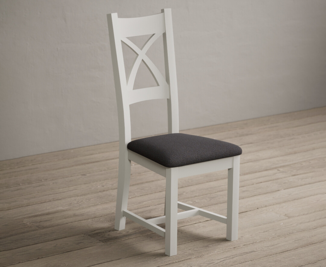 Photo 1 of Painted signal white x back dining chairs with charcoal grey fabric seat pad