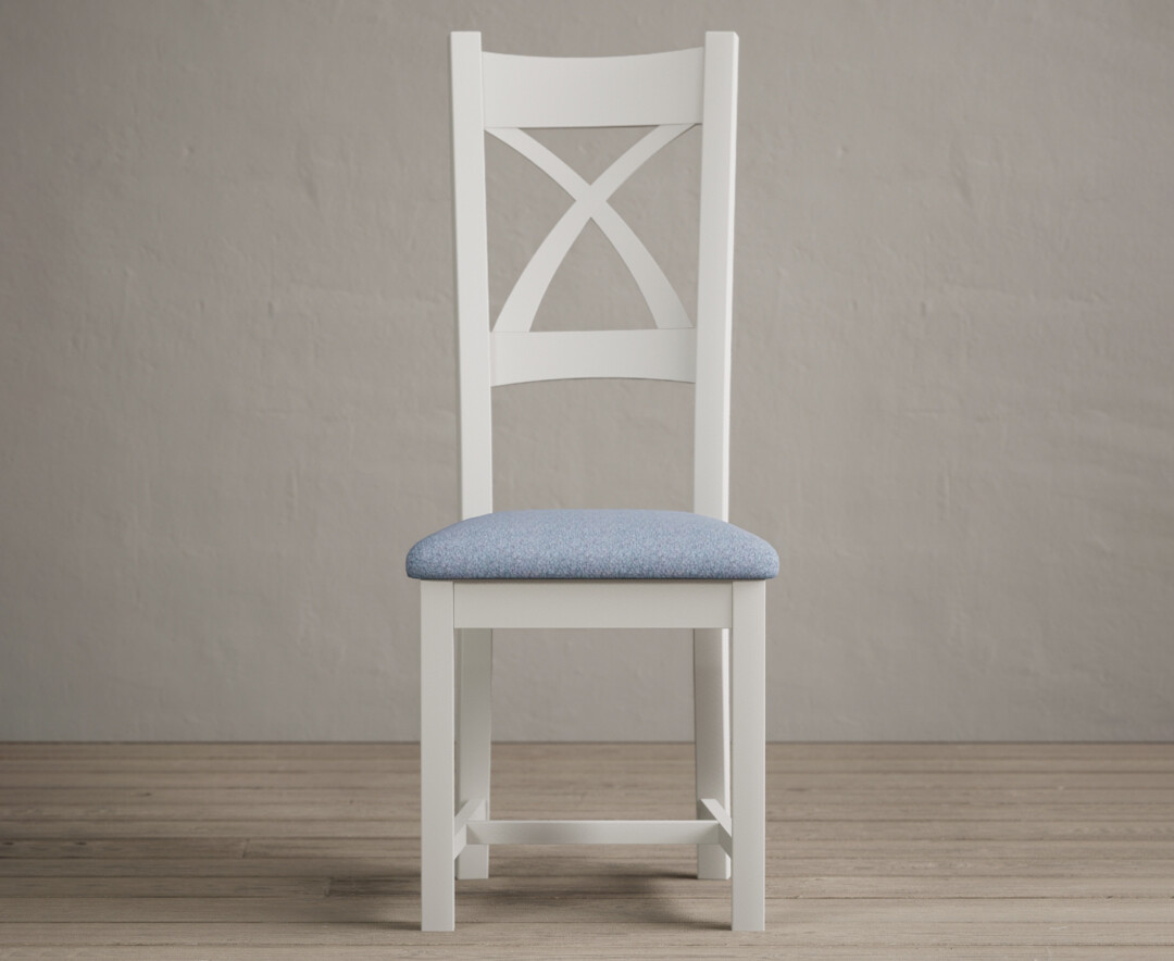 Product photograph of Painted Signal White X Back Dining Chairs With Blue Fabric Seat Pad from Oak Furniture Superstore
