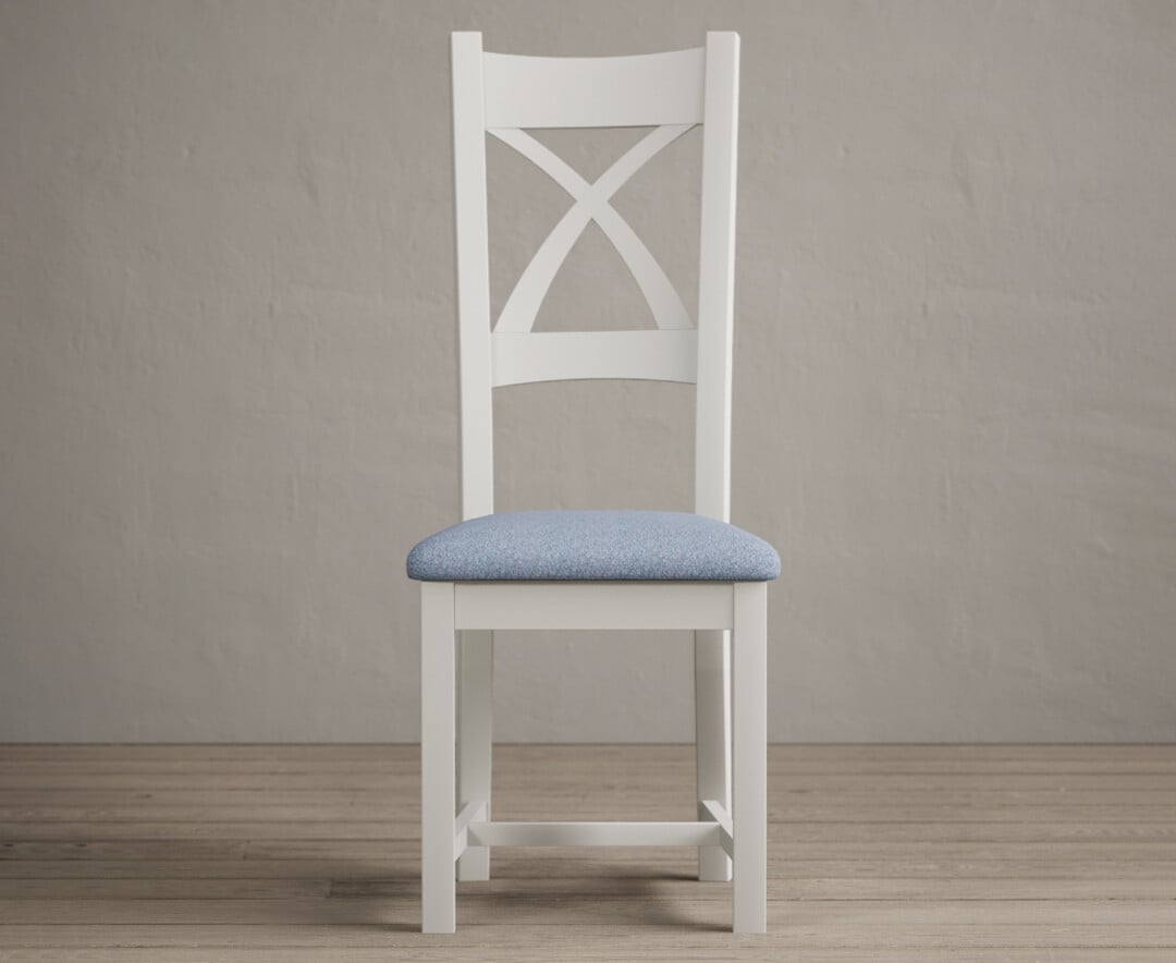 Painted Signal White X Back Dining Chairs With Sky Blue Fabric Seat Pad