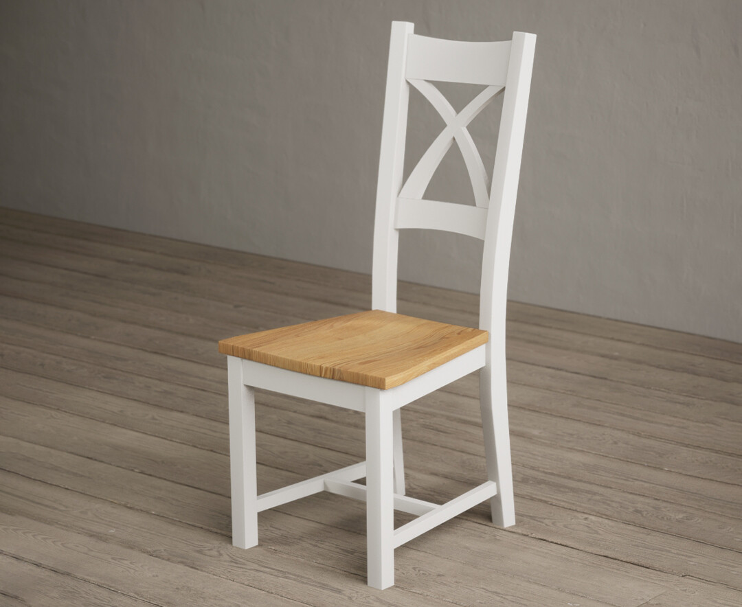 Photo 2 of Painted signal white x back dining chairs with oak seat pad