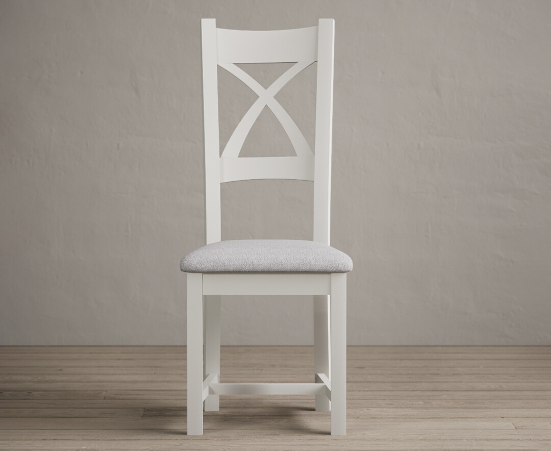 Painted Signal White X Back Dining Chairs With Light Grey Fabric Seat Pad