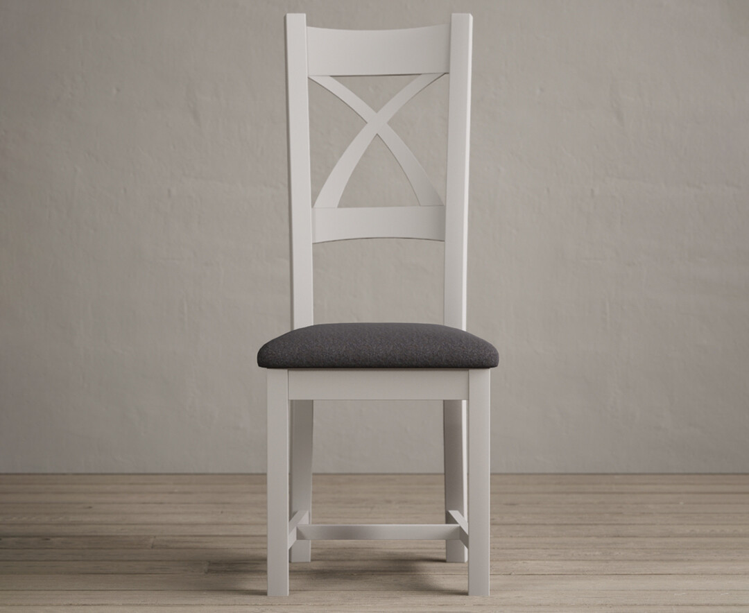 Painted Soft White X Back Dining Chairs With Charcoal Grey Fabric Seat Pad