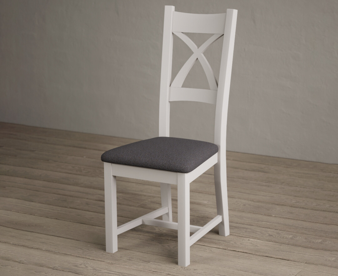 Photo 2 of Painted soft white x back dining chairs with charcoal grey fabric seat pad