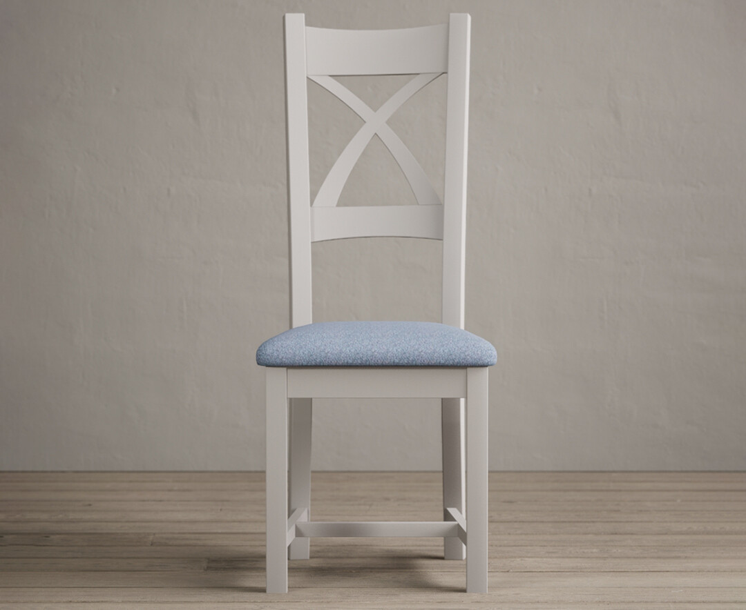 Painted Soft White X Back Dining Chairs With Sky Blue Fabric Seat Pad